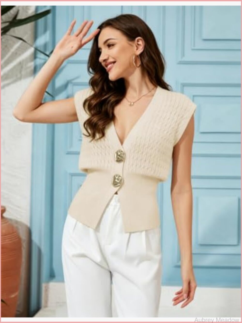 Sleeveless V-Neck Cable Knit Sweater Vest in Cream - Picture 3 of 4